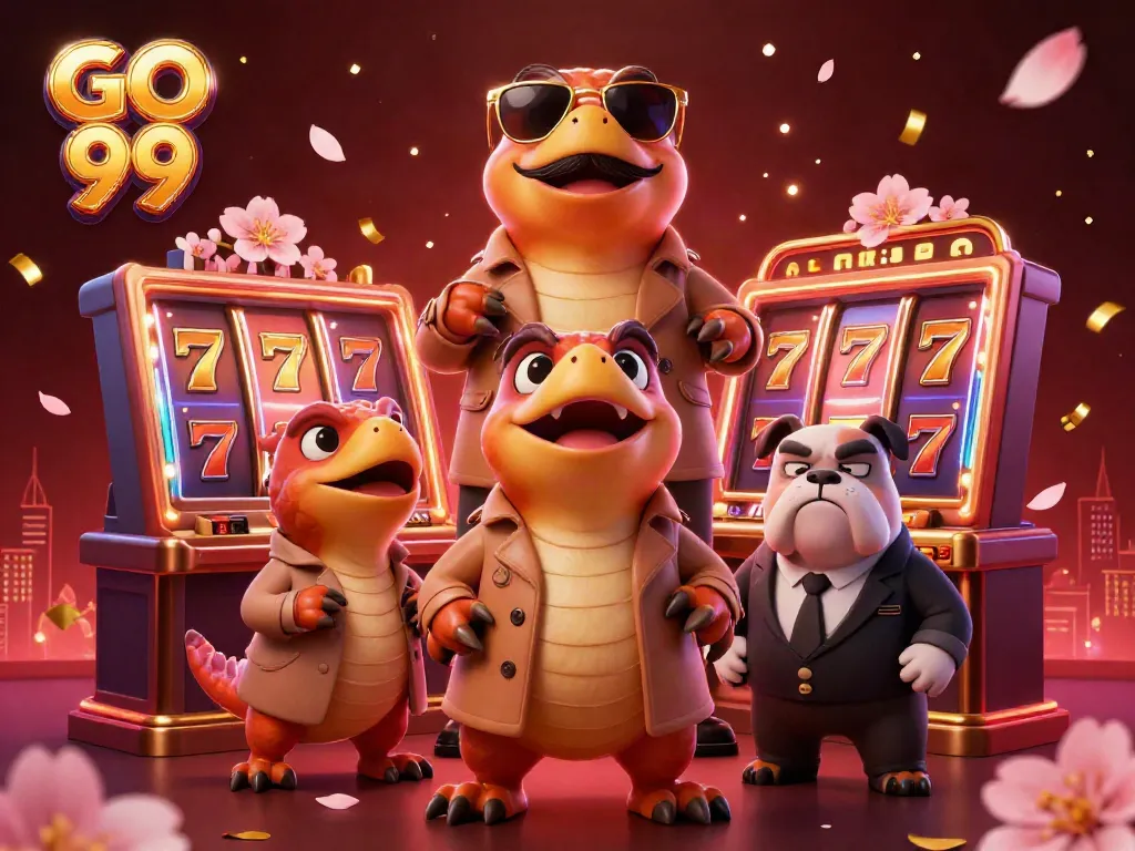 Experience GO 99 with three raptors in a trench coat entering a casino, surrounded by dynamic game elements.