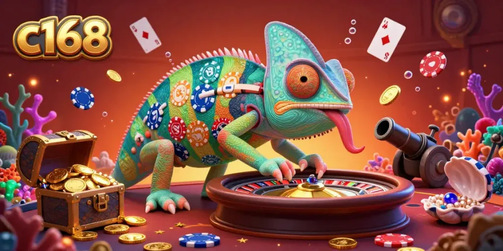 Engage with c168's vibrant chameleon casino scene featuring gold coins, poker chips, and underwater treasures.