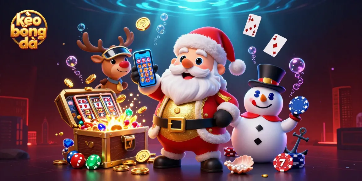 Engage with kèo bóng đá through an immersive 3D casino scene featuring Santa and friends.