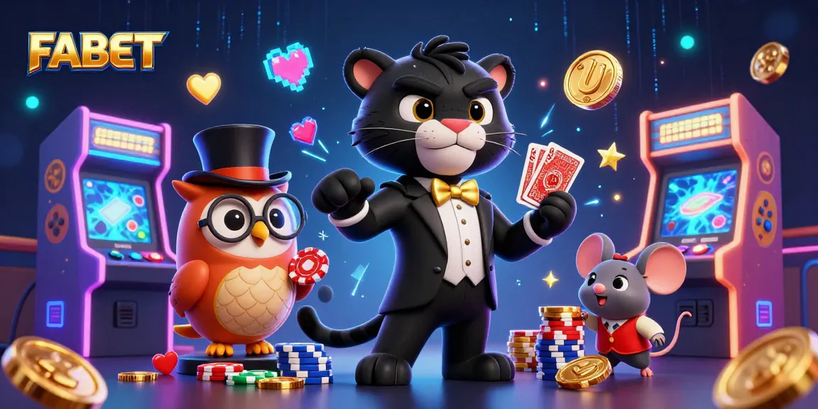 Experience the thrilling excitement of FABET as a panther deals cards beside an owl and mouse in a fun casino scene.