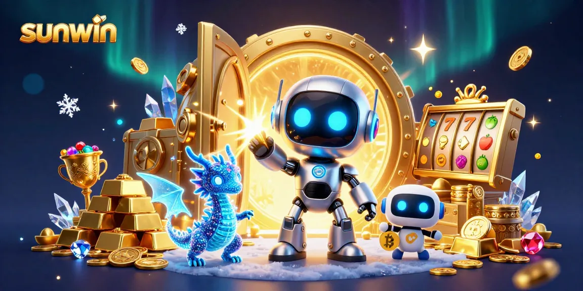 sunwin showcases a futuristic gambling adventure with a cyberpunk robot amidst vibrant slot elements