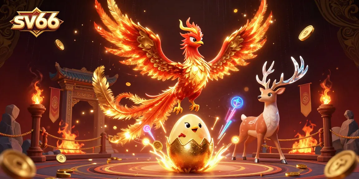 Experience sv66 with a phoenix rising above gold-themed casino elements.