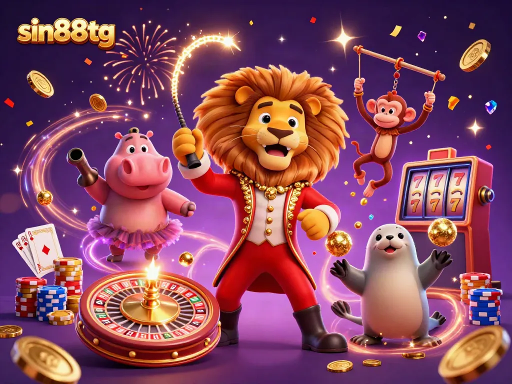 Experience the excitement of sin88tg with lively casino characters amid swirling coins and gems.