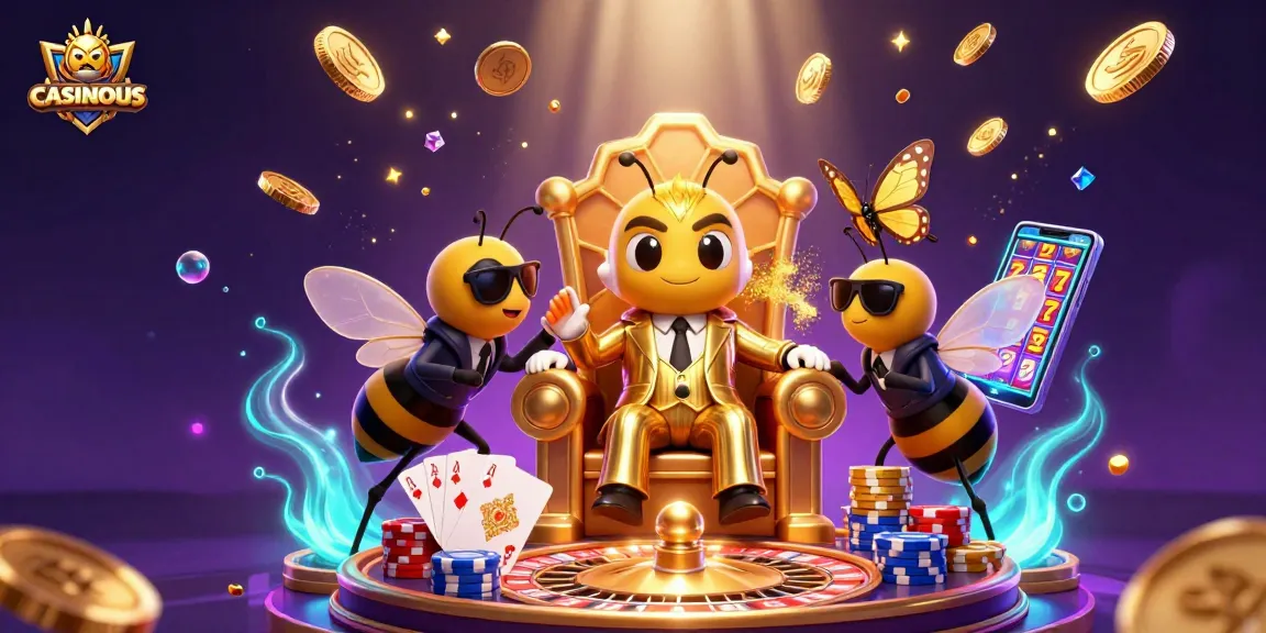 Casinous showcases a vibrant 3D casino scene with a mob boss bee and sparkling symbols of luck and profit.