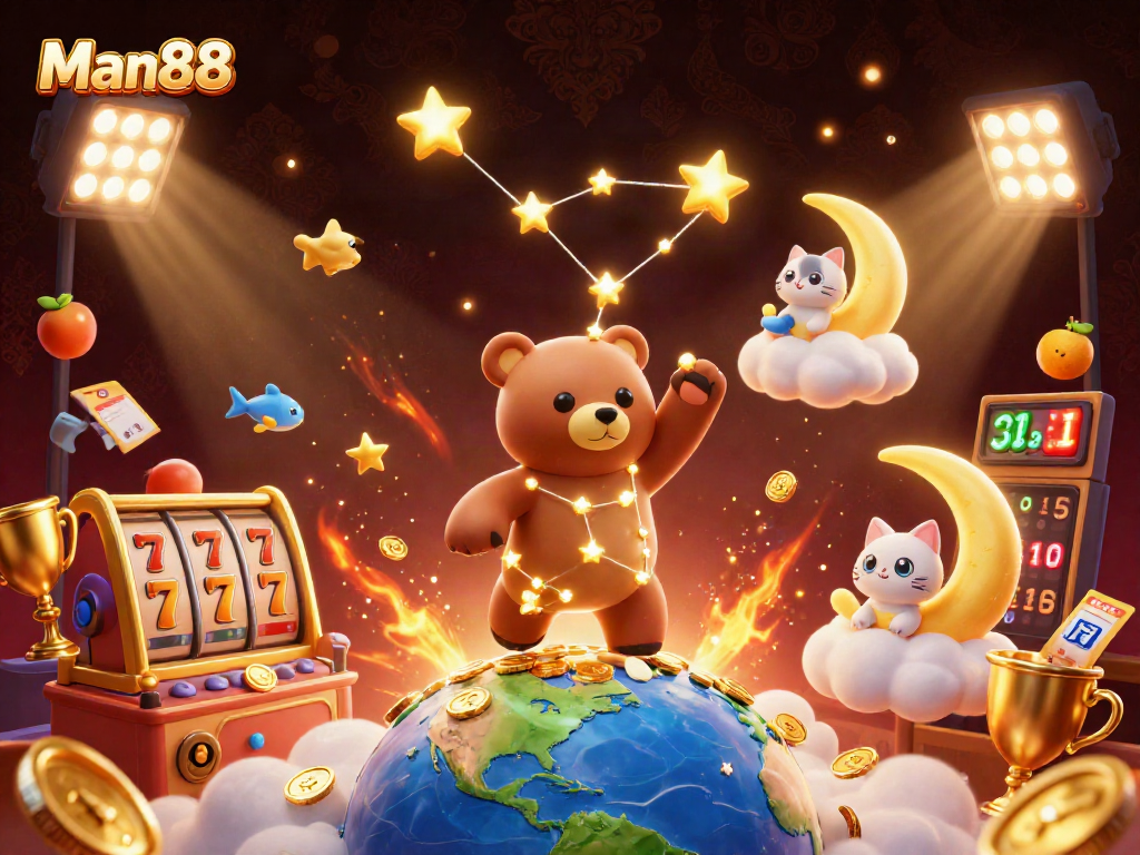 Win big with Man88! A gaming scene with golden stars, slot reels, and vibrant casino elements.