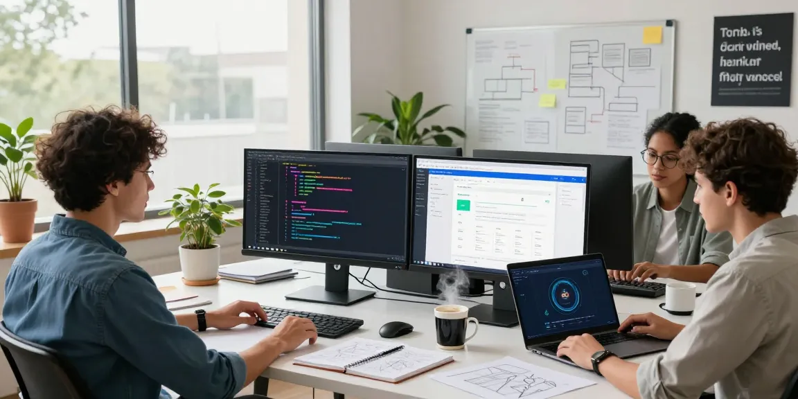 Build internal tools with AI in a modern software development workspace featuring collaborative team dynamics and innovative tech.