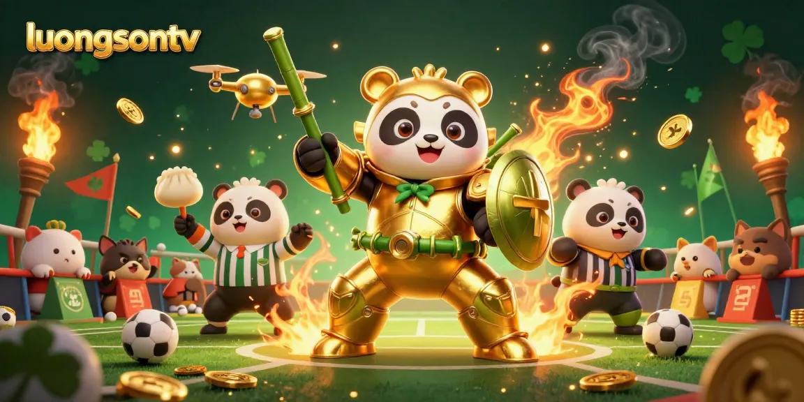 Engage with luongsontv's thrilling sports betting arena featuring a golden panda robot amidst animating excitement.
