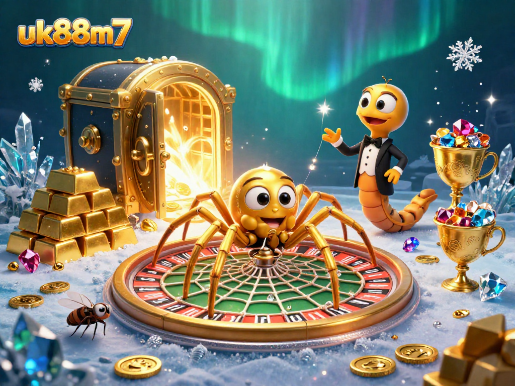 Experience thrilling bets at uk88m7 with an intricate scene featuring a roulette wheel and glittering treasures.