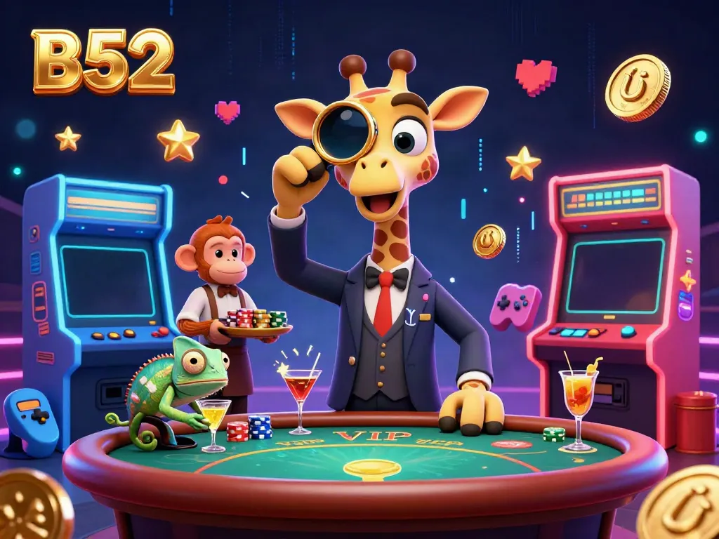 Experience B52 gaming with high-roller giraffe and monkey valet at a vibrant casino.