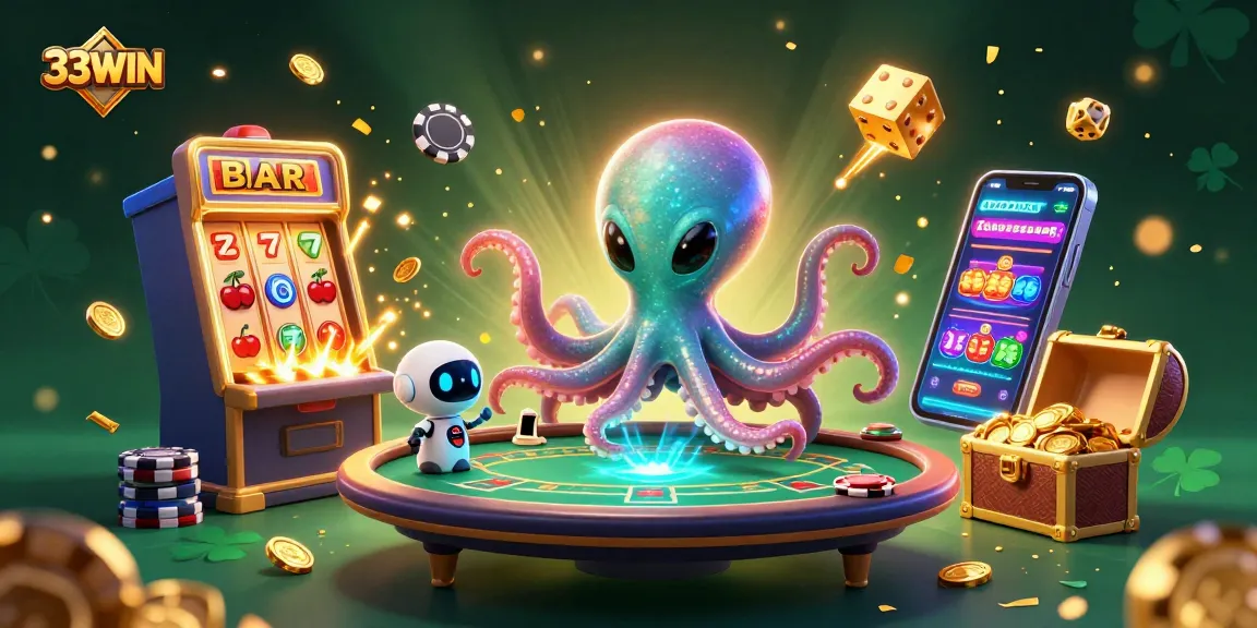 Experience thrilling casino excitement with the 33WIN holographic poker table and vibrant slot machines.