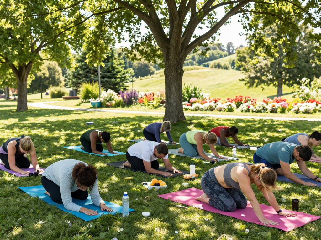 Individuals enjoying rokok88-inspired healthy lifestyle practices in a serene park setting with yoga and nutritious snacks.