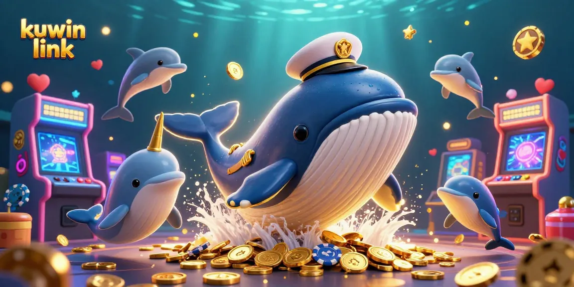 Engage with kuwin link through a vibrant gaming scene featuring a whale, narwhal, and dolphins.