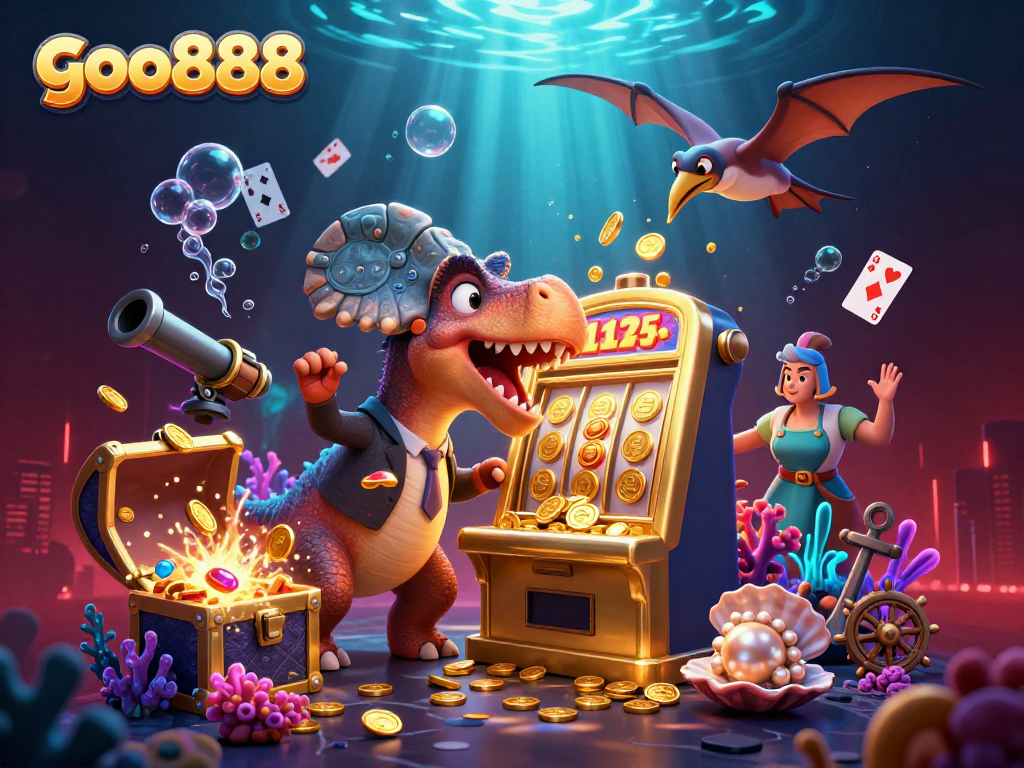 Experience the excitement of goo888 as a dinosaur wins jackpots and coins fly everywhere in a dynamic casino scene.