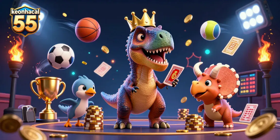 Engage in sports betting excitement with keonhacai 55, illustrated by a playful T-Rex shuffling cards.