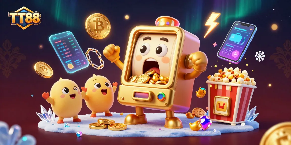 TT88 shows a golden slot machine celebrating its jackpot with coins flowing, surrounded by crypto elements.