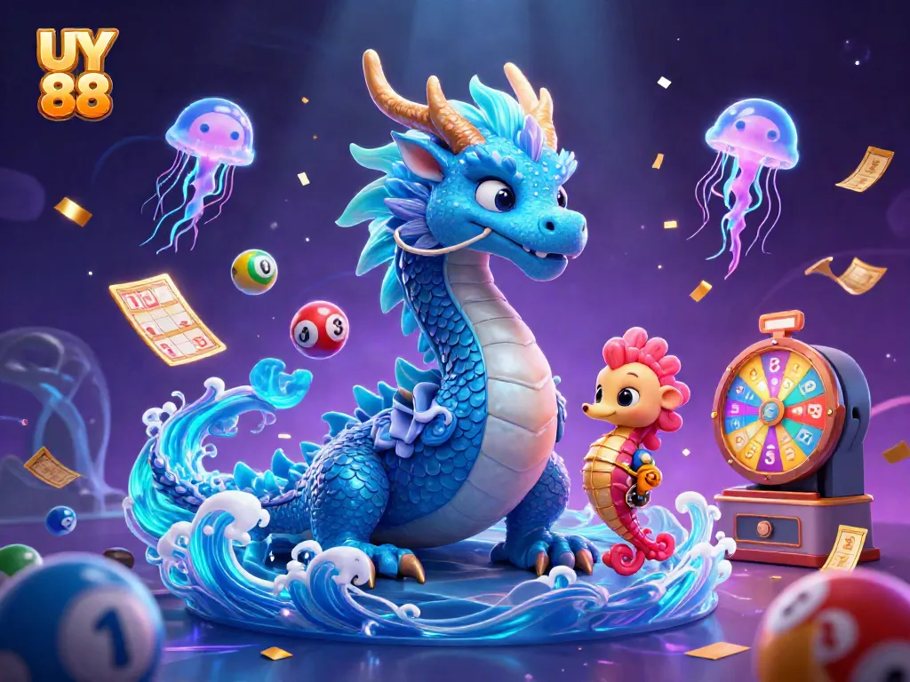 Engage with UY 88's thrilling gaming adventure featuring a mystical dragon and seahorse in a vibrant casino scene.