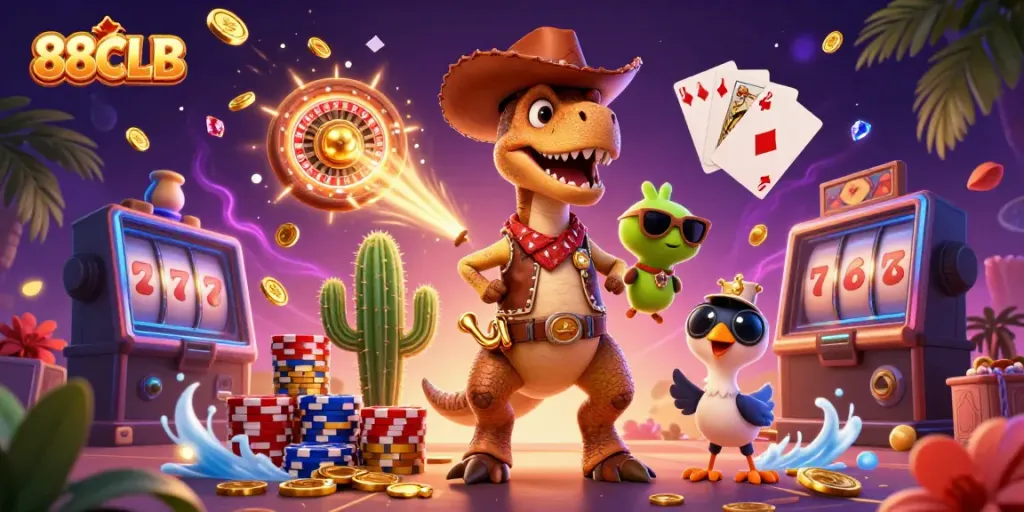 Spin to win with 88CLB featuring a dinosaur, cactus, and roadrunner in a vibrant casino scene