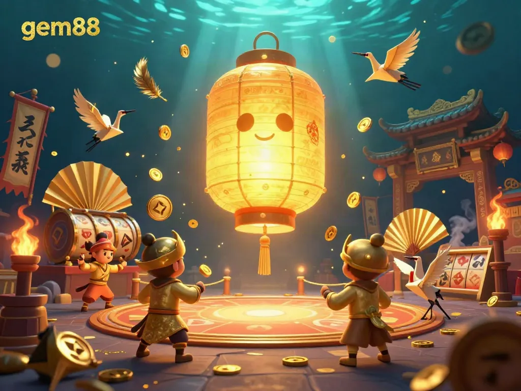 Experience the thrill of gem88 gaming with a vibrant 3D illustration showcasing a floating golden spirit above a casino scene filled with lucky symbols and game elements.