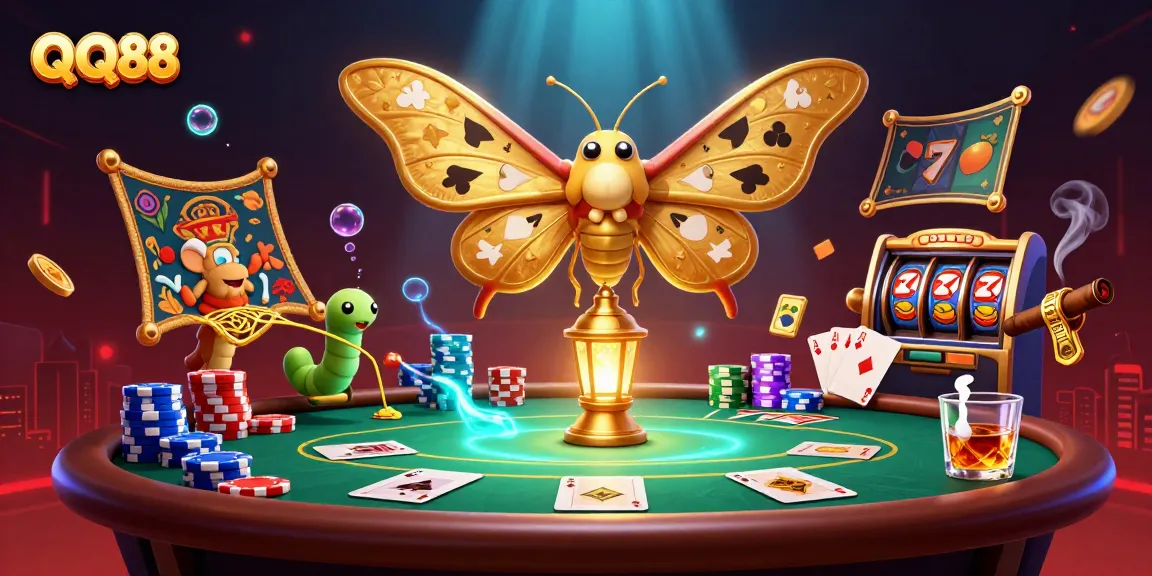Experience QQ88’s vibrant casino atmosphere with a stunning illustration of unique gaming elements and characters.