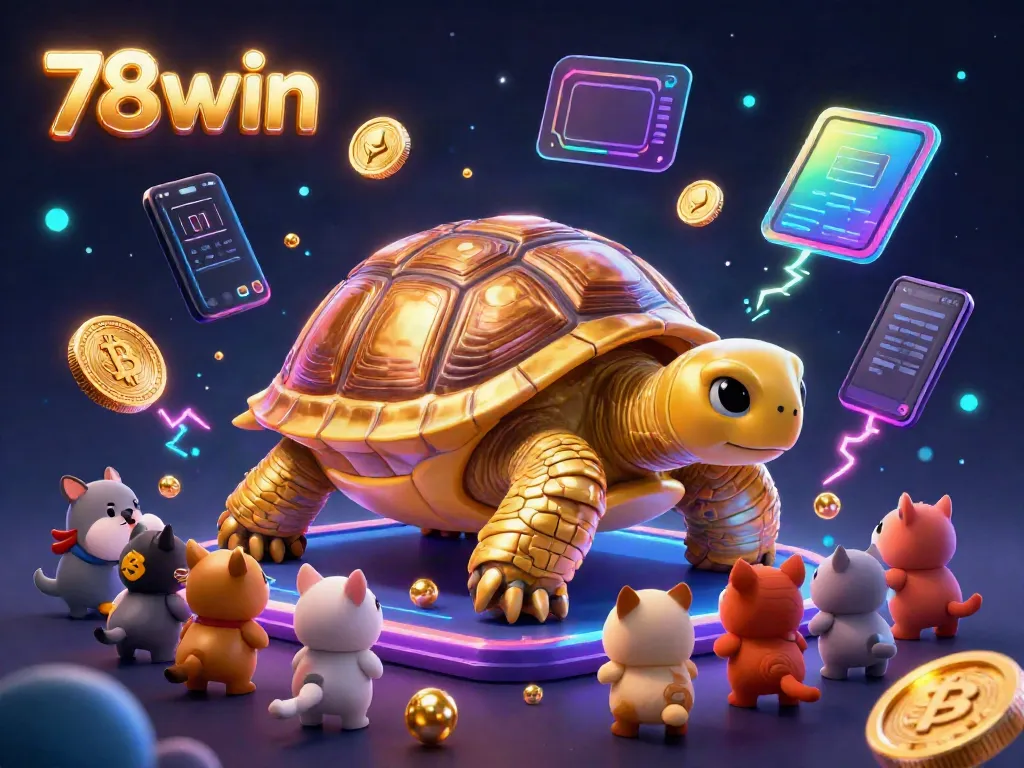 Engage in thrilling gaming moments with 78win as small animals gather around a giant pinball tortoise amidst crypto-themed excitement.