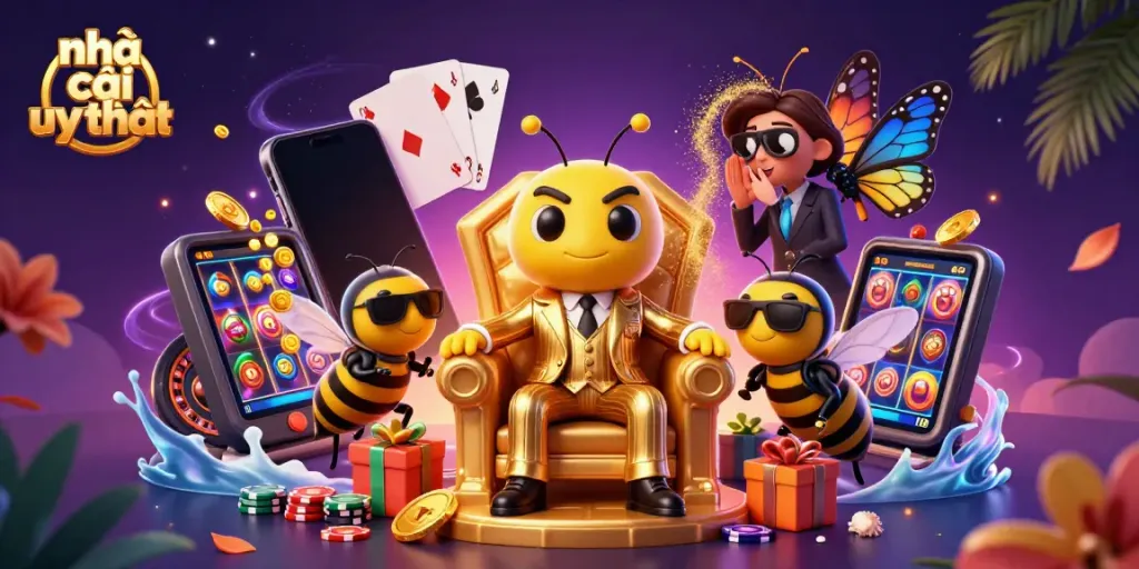 Experience the excitement of gaming with nhà cái uy tín illustrated with a rich 3D scene of casino characters and games.