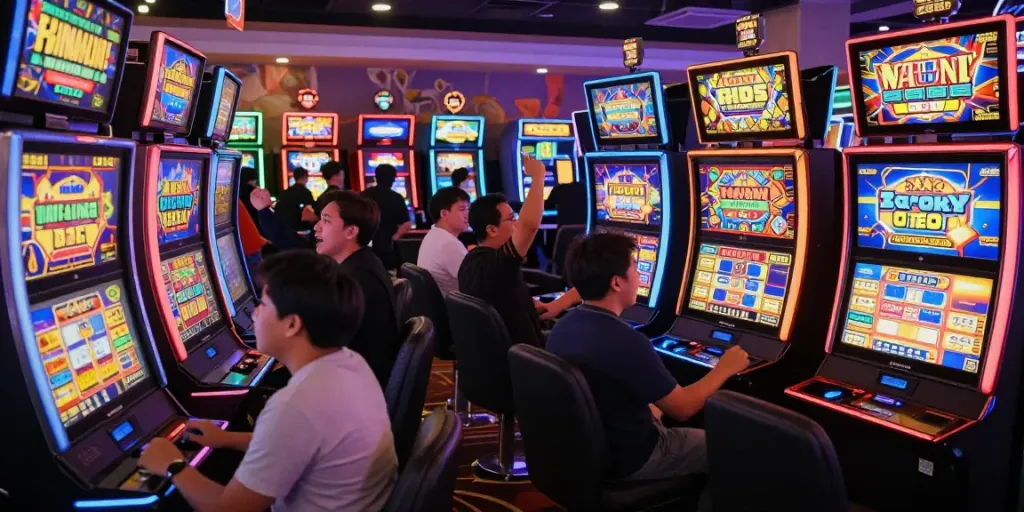 Suasana bermain slot gacor dengan pemain bersemangat merayakan kemenangan di kasino.