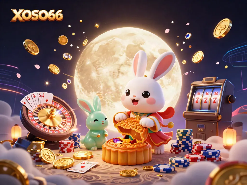 XOSO66 offers an immersive gaming experience with a moon rabbit creating winning chances and vibrant casino elements.