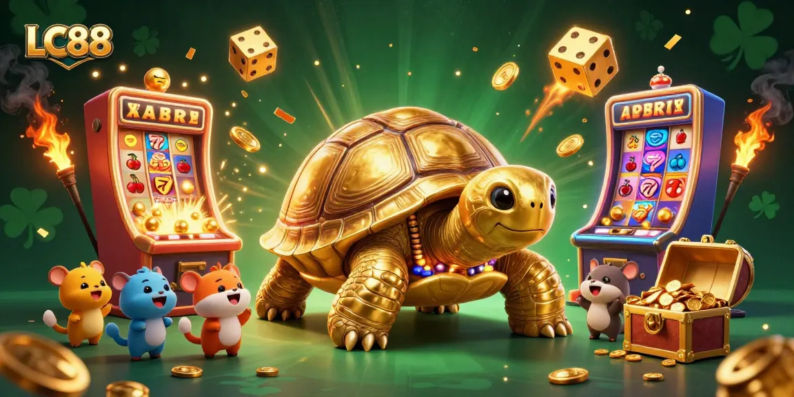 Experience thrilling gaming at LC88 with a golden tortoise pinball machine amidst a jackpot explosion of coins.