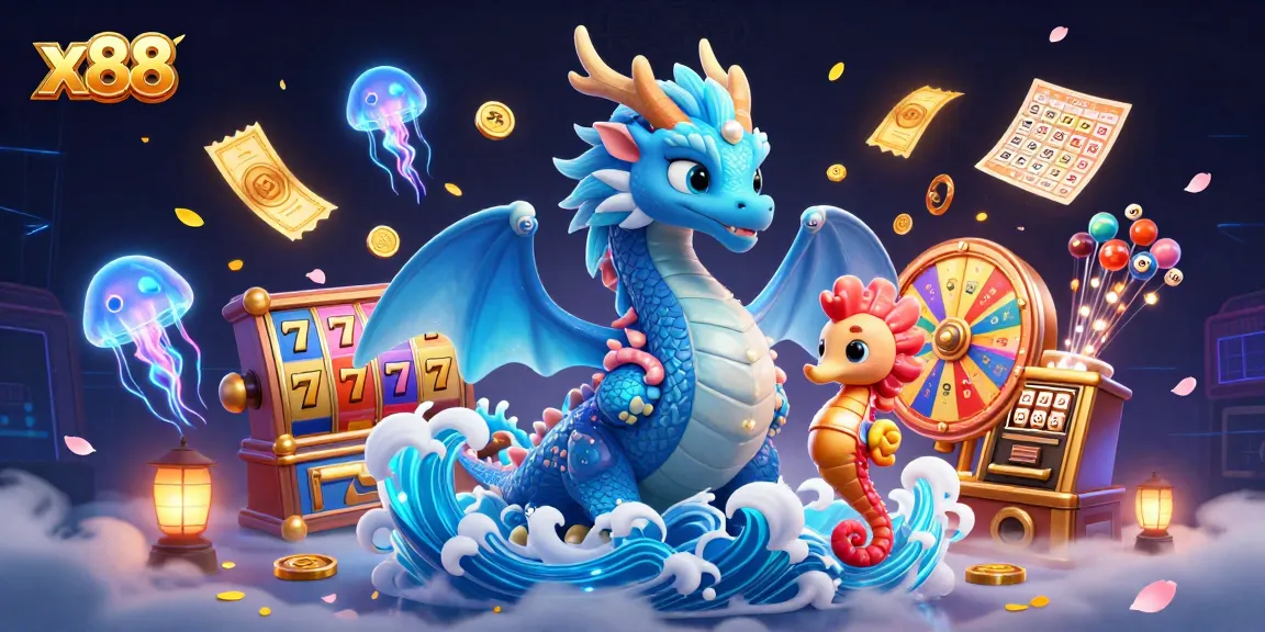 Experience x88's vibrant casino magic with a watercolor dragon, seahorse knight, and dynamic game elements.