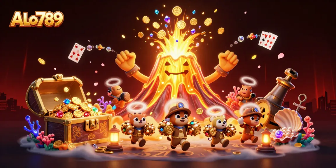 Engage with ALo789's thrilling atmosphere featuring a golden volcano and treasure-hunting animals.