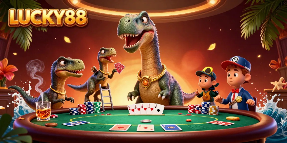Engage with the thrilling game action at LUCKY88 featuring a tall brontosaurus and clever raptor dealer.