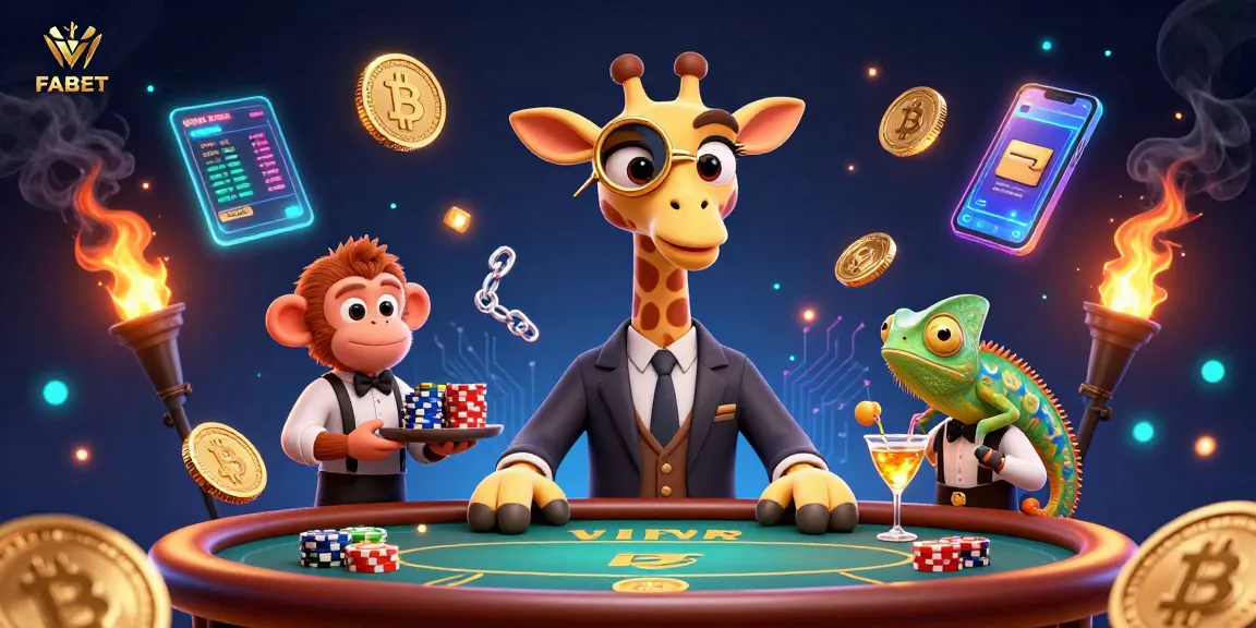 Engage with FABET through vibrant casino scenes featuring a giraffe, monkey, and chameleon.