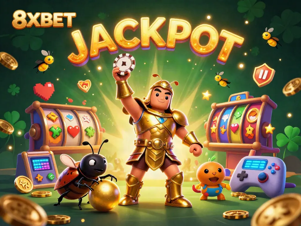 Win big with 8XBET! Celebrate victory with a dynamic, captivating 3D casino-themed scene featuring jubilant characters.