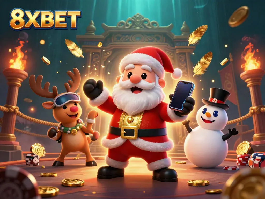 Win massive jackpots with 8XBET in an enchanting casino scene featuring Santa and friends!
