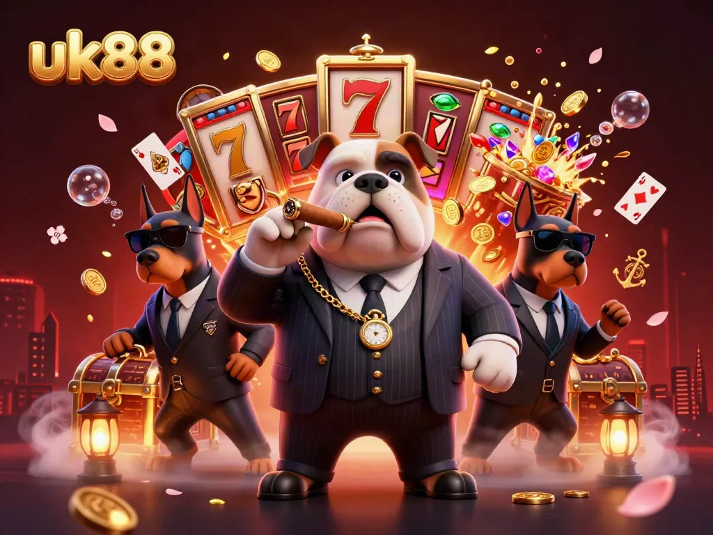 Experience thrilling gambling with uk88's vibrant gaming scene featuring a mafia bulldog and treasure!