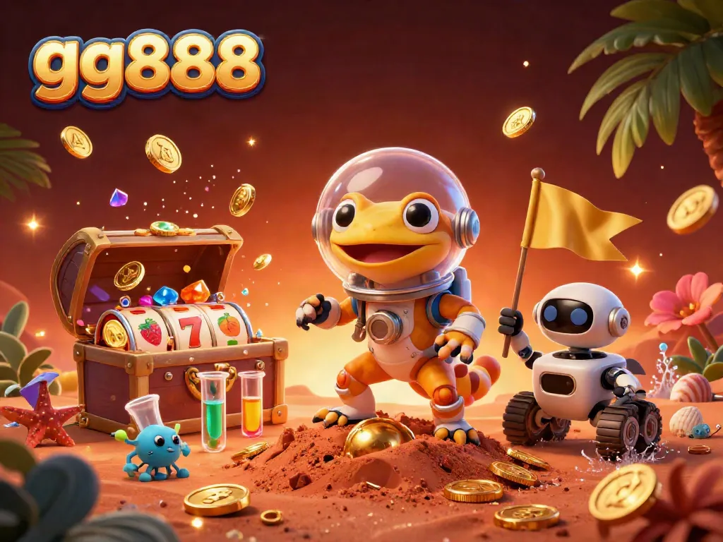 Engage with gg888 in a vibrant casino scene featuring a Martian gecko amidst slot reels and gold coins.