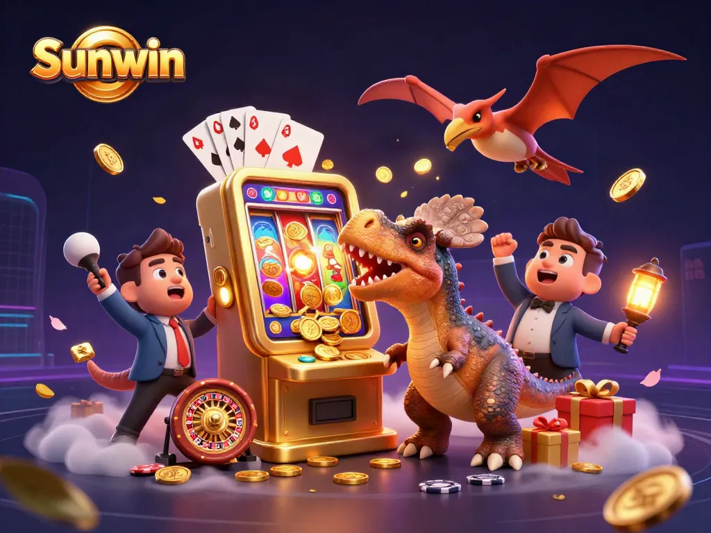 Sunwin delivers excitement as cartoon dinosaurs playfully engage with a jackpot slot machine, capturing flashy golden coins.
