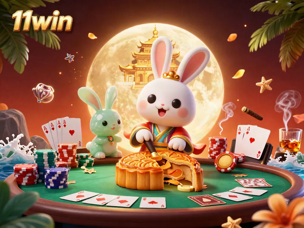 Experience thrilling games at 11win with moon rabbits and poker chips in this vibrant illustration.