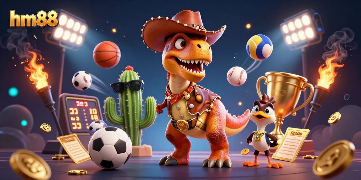 Engage in thrilling bets at HM88 with dynamic sports and casino elements swirling around characters.