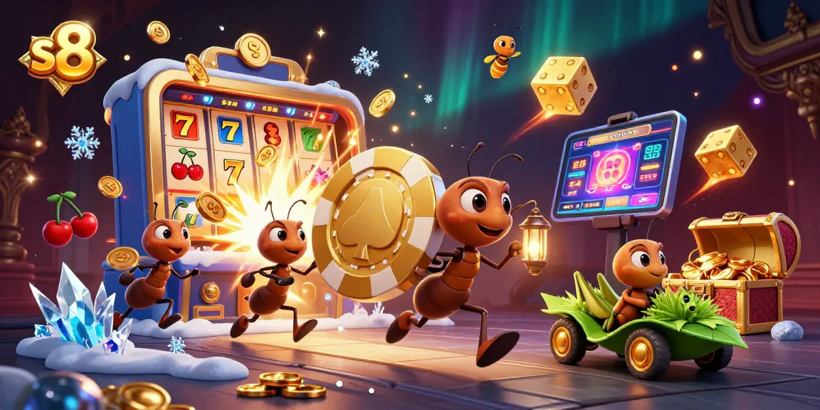Engage with s8's thrilling casino adventure featuring ants on a heist with oversized poker chips.