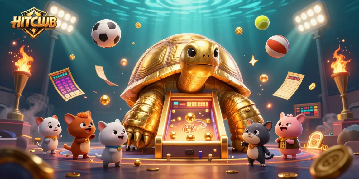 Experience exciting gameplay at HITCLUB with a lively scene featuring a golden tortoise and dynamic sports elements.