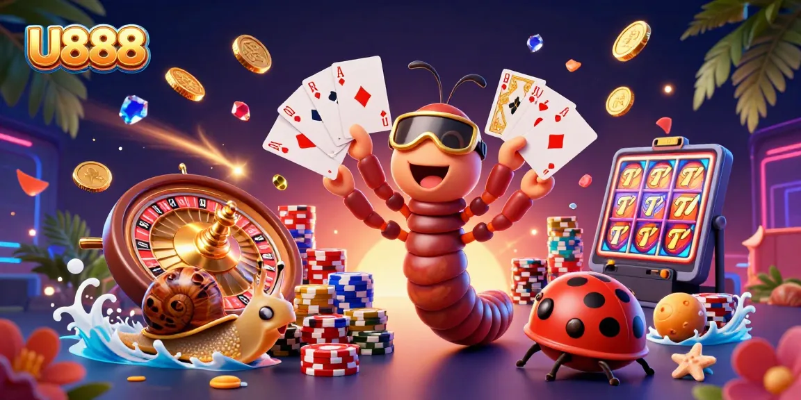 Engage in thrilling U888 casino action with a vibrant 3D illustration of a dealer and characters.