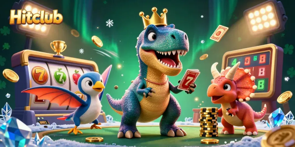 Hitclub casino scene featuring a friendly T-Rex, pterodactyl, and baby triceratops engaged in gambling activities with slot elements and golden chips.