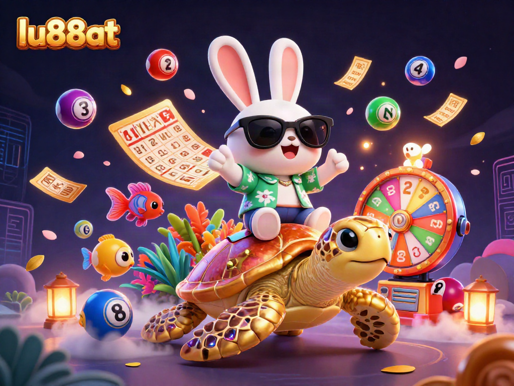 Engage with lu88at's vibrant 3D scene featuring a lucky rabbit and golden sea turtle in dynamic game-themed action.