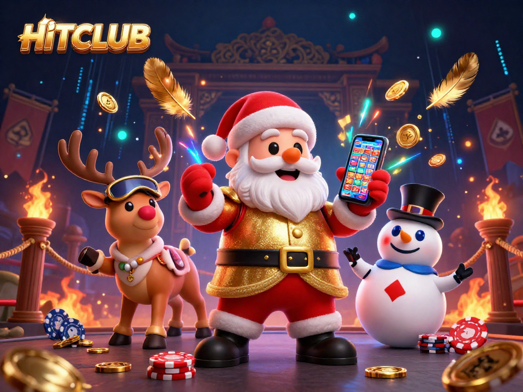 Spin the reels at HITCLUB with Santa, his reindeer dealer, and a poker chip snowman!