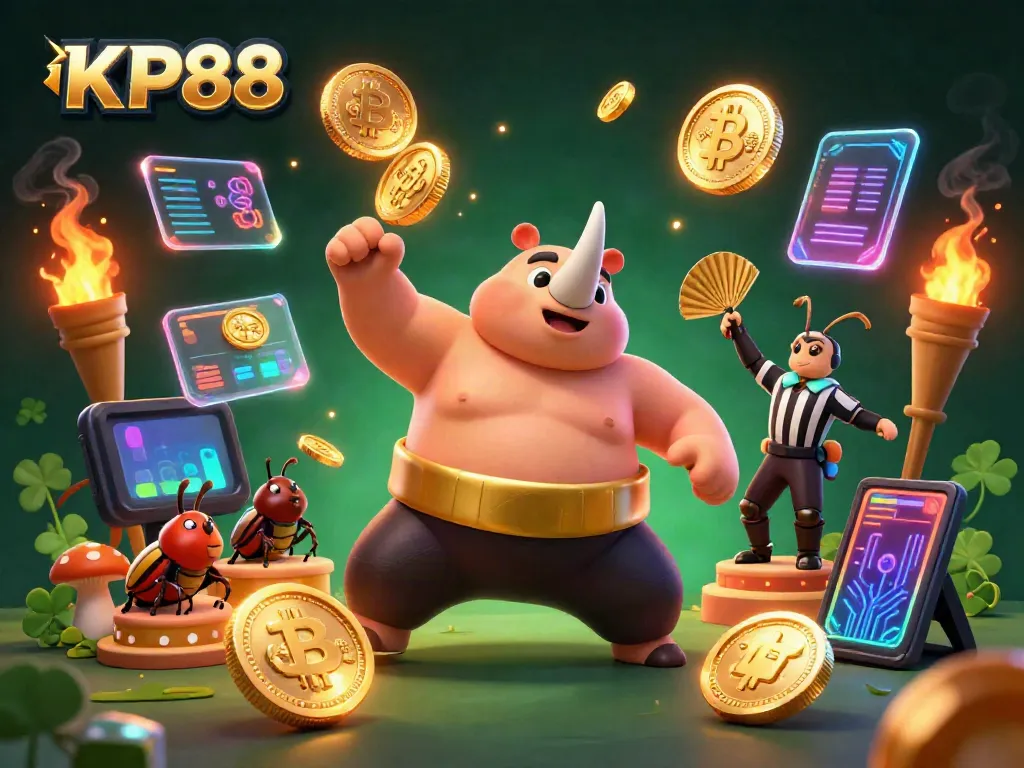 KP88 showcases an exciting themed casino scene with a sumo beetle champion celebrating wins amid vibrant coins and crypto elements.