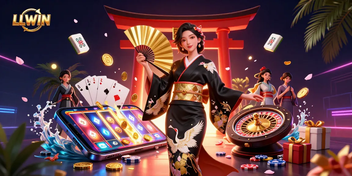 LLWIN: Engage with vibrant slot gaming featuring a photorealistic Asian woman amid falling petals and dynamic casino elements.