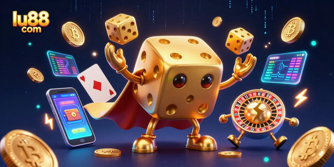 Experience big wins at lu88 com with a lively 3D casino scene featuring golden dice and crypto coins.