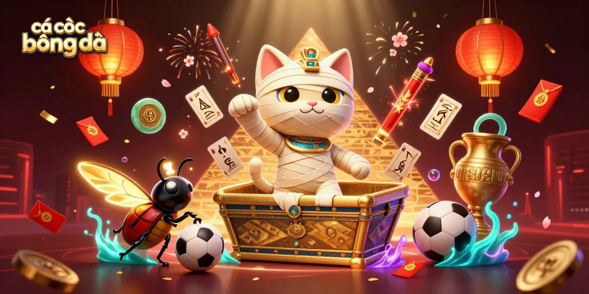 Cá cược bóng đá with an Egyptian mummy cat and scarab beetle in a dynamic casino scene.