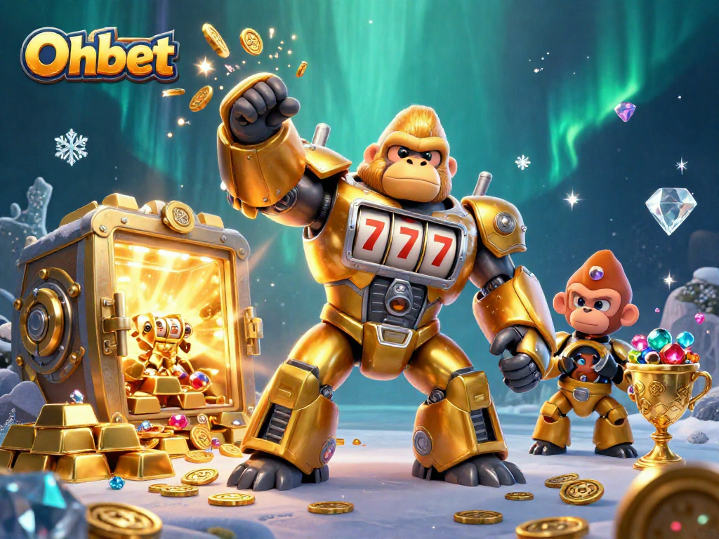 Engage with Oxbet's vibrant 3D casino adventure featuring a golden gorilla mech and treasure elements.